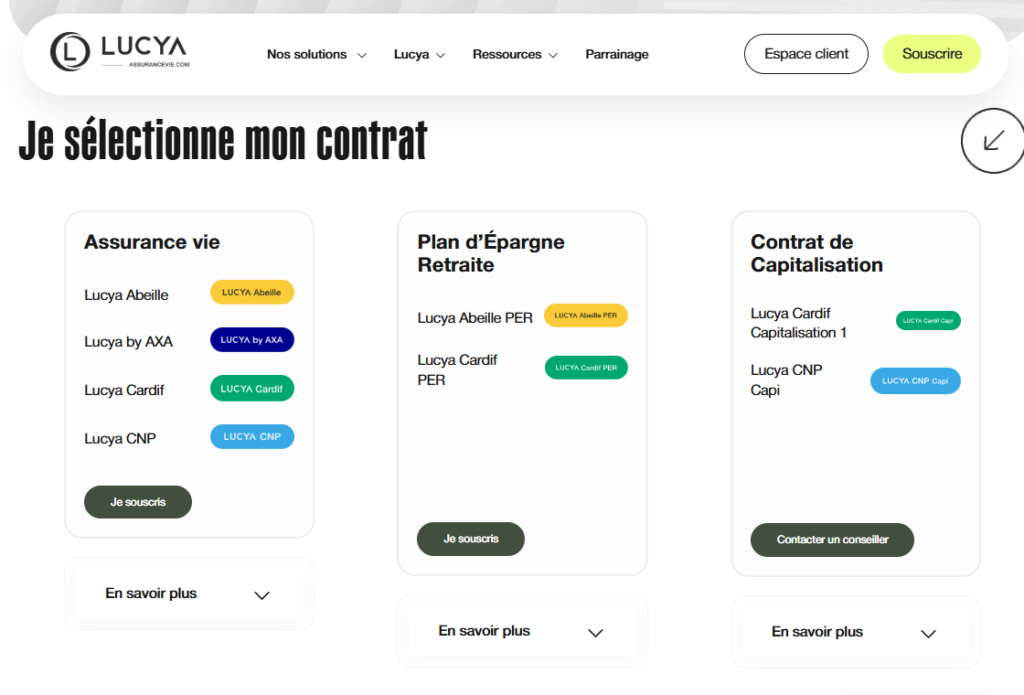 Selection du contrat pour souscrire à un contrat Lucya